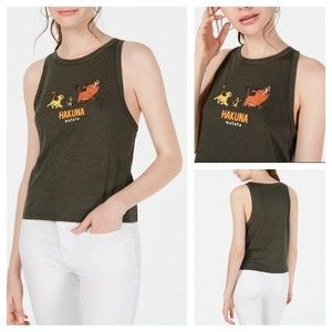 Disneys Classic Hakuna Matata Lion King Juniors Green Striped Crop Top Tank XS
